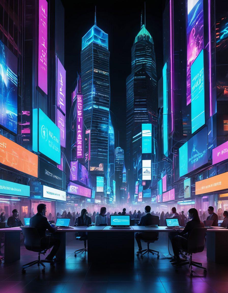 A futuristic cityscape showcasing diverse individuals using digital devices to manage insurance effortlessly, surrounded by holographic interfaces displaying risk data and policy options. Bright, engaging visuals of technology enhancing accessibility in insurance with elements like mobile apps and virtual assistance. Emphasize inclusivity, innovation, and security. vibrant colors. cyberpunk.