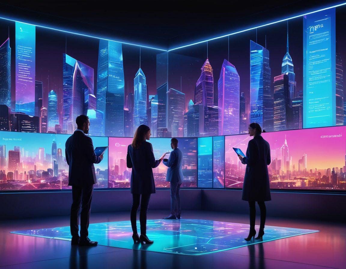 A futuristic landscape showcasing a diverse group of people reviewing digital insurance plans on sleek tablets, surrounded by holographic displays of affordable coverage options, a vibrant city in the background with advanced technology, and symbols of security such as shields and locks. futuristic. vibrant colors. high-tech aesthetic.