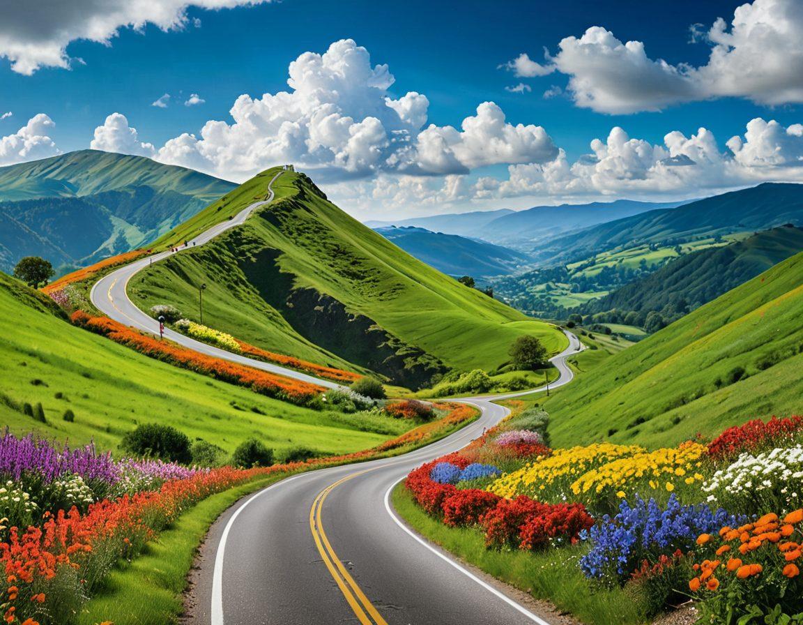 A visually striking roadmap leading through a vibrant landscape dotted with various insurance symbols like shields, umbrellas, and safety nets. Along the path, diverse people are seen engaging in discussions and comparisons of insurance products, showcasing camaraderie and teamwork. The sky is filled with optimistic clouds, symbolizing security and peace of mind. Use bright and inviting colors to enhance the sense of hope and community. super-realistic. vibrant colors. white background.